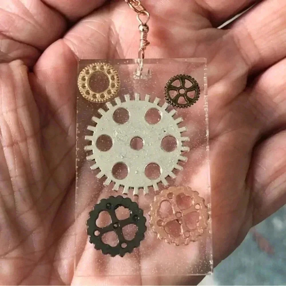 Handmade Real Steampunk Gears Large Rectangle Resin Rose Gold Necklace New 24$